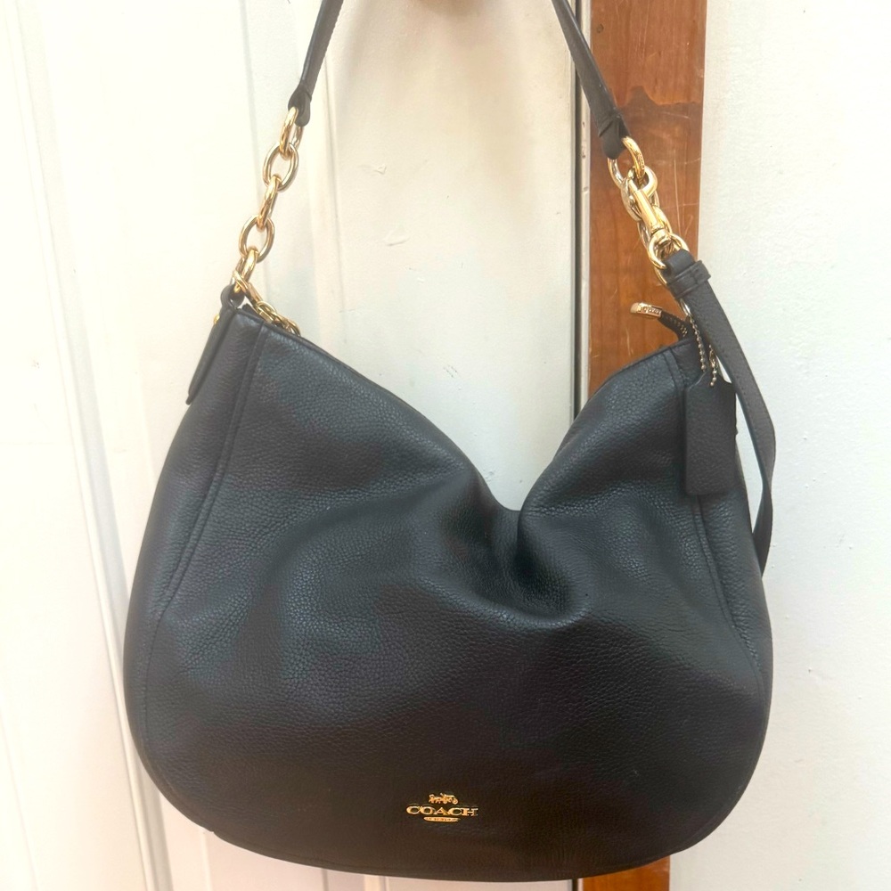 Coach Black Leather Hobo Bag with Gold Accents